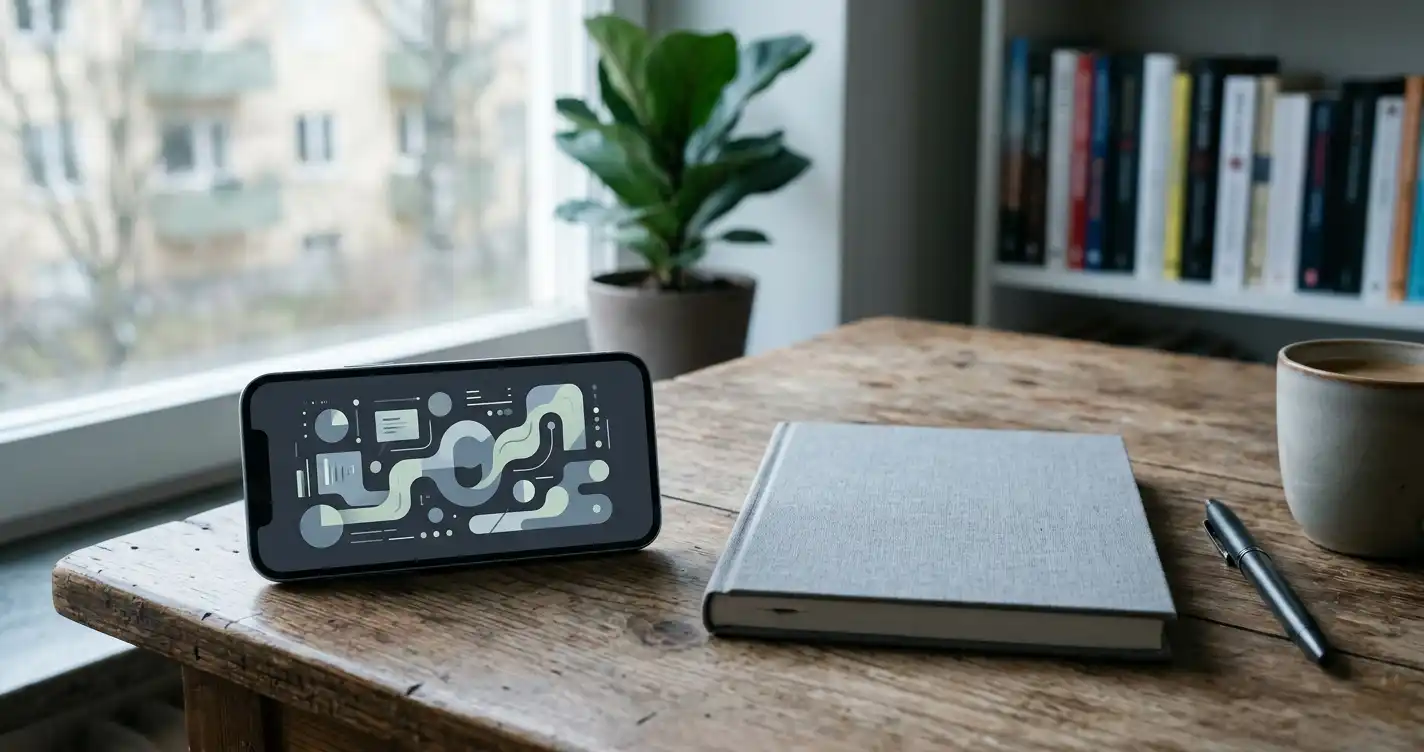 Mobiltelefon vid ett bord med abstrakt banköverföring på skärmen