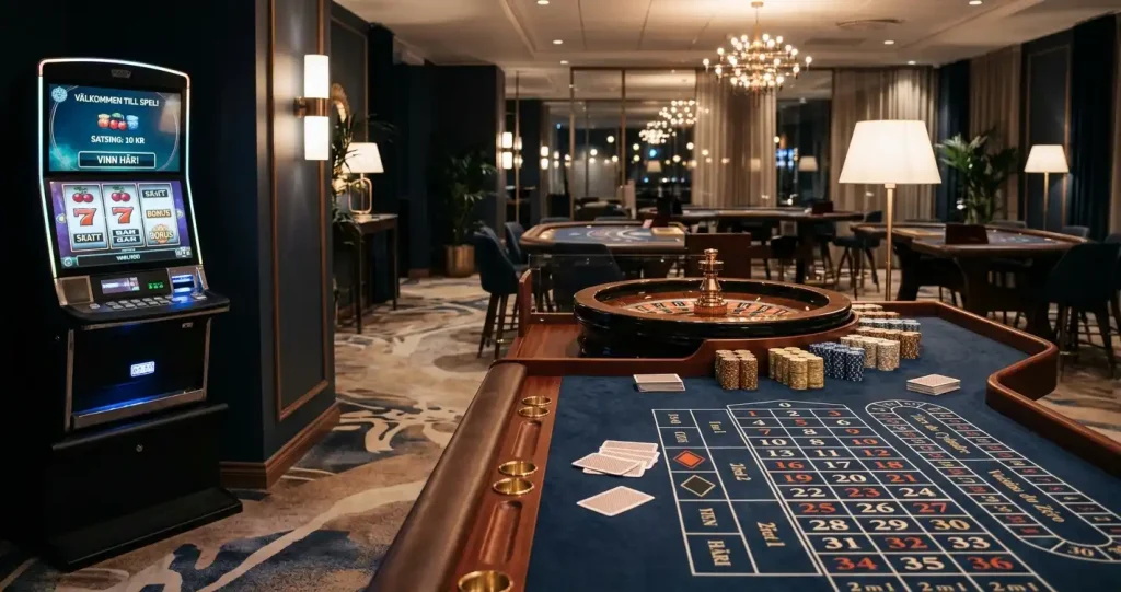Spelbord med kort, marker och en upplyst spelautomat i en diskret kasinomiljö