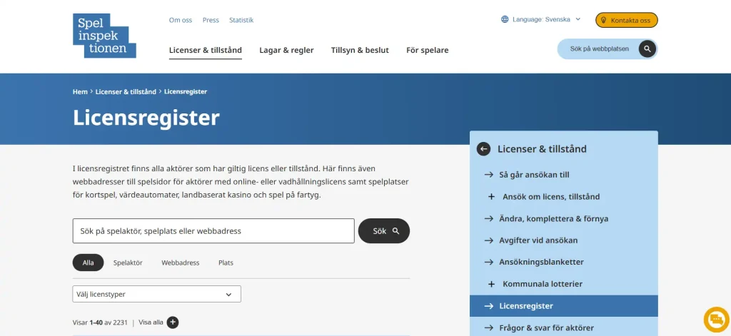 Skärmbild av Spelinspektionens svenska licensregister