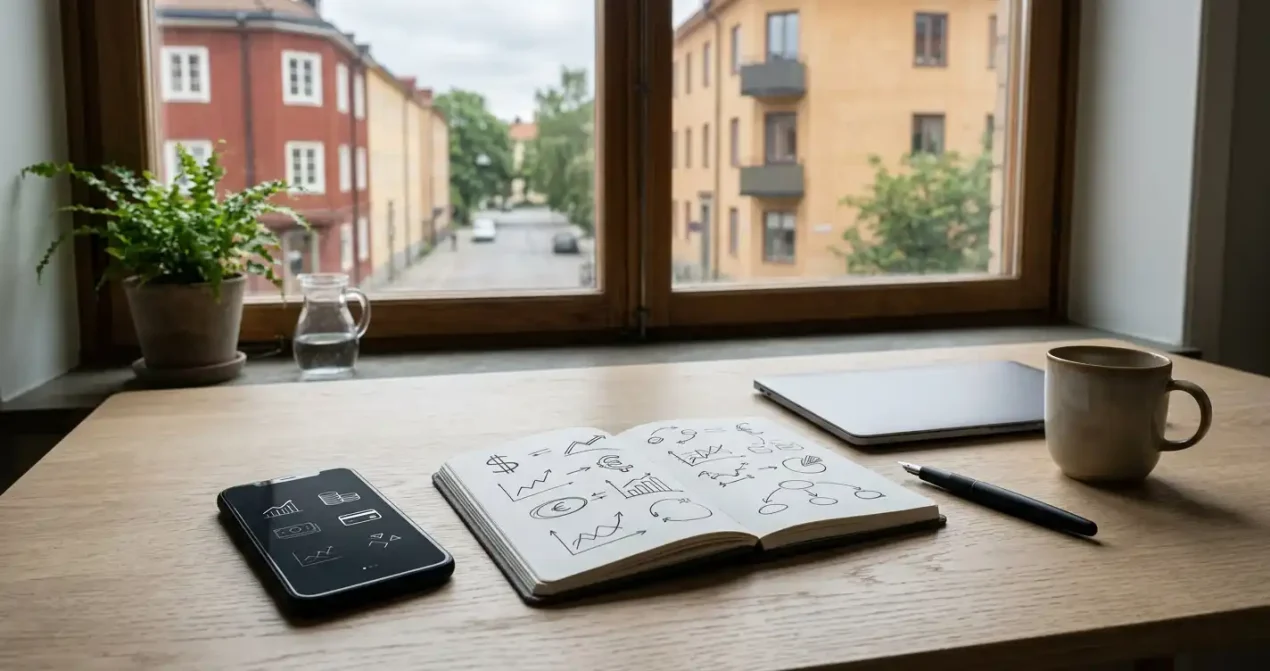 Mobil och anteckningsbok med banköverföringssymboler på ett svenskt skrivbord